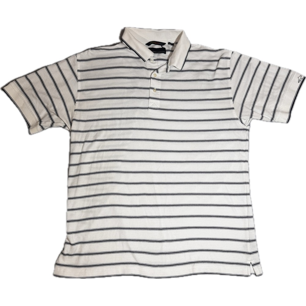 Greg‎ Norman Mens Large White Navy Blue Striped Short Sleeve Golf Polo Shirt